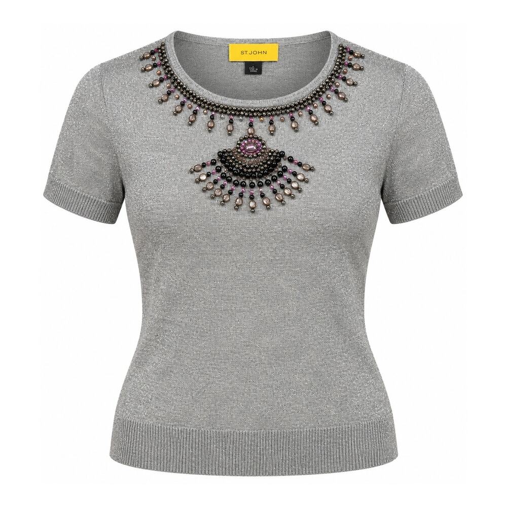 St. John Size Small Metallic Silver Wool Silk Cashmere Beaded Sweater Luxe